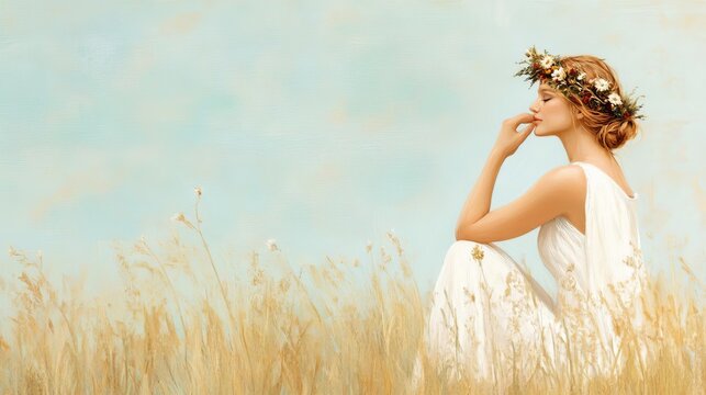 Virgo goddess in meadow, peaceful and serene, harvest symbolism