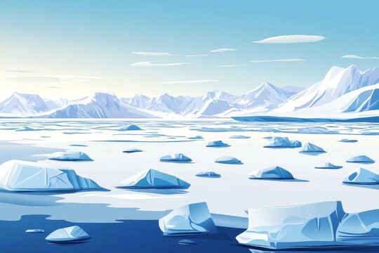 A vast expanse of icy water with floating icebergs against a backdrop of snow-capped mountains under a clear blue sky.