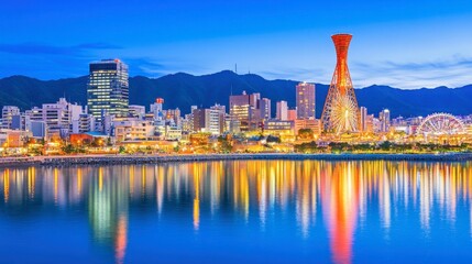 Fototapeta premium Vibrant City Skyline with Reflections at Night