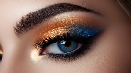 Obraz premium A girl blending bold and vibrant eyeshadow colors into a seamless smoky effect, neutral background, light casting gentle shadows, hd detail, realistic makeup application, sharp and clear photo,