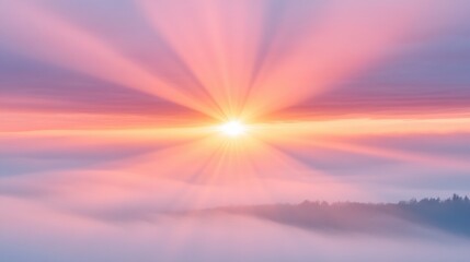 Fototapeta premium Sunrise over a misty landscape with vibrant rays of light, AI