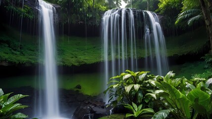 Close up shot, very detailed the Big Drop of water, wonderful tropics place waterfall on background