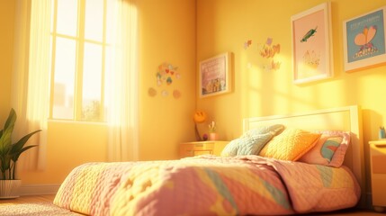 Cozy Yellow Bedroom with Pastel Decor and Natural Light