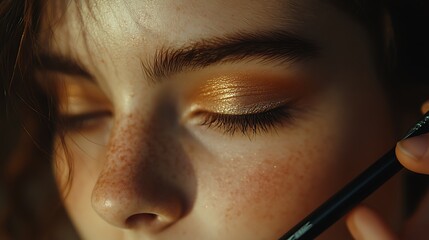 A girl delicately applying eyeshadow with a brush, neutral background for minimal distraction, warm lighting emphasizing her skin texture, hd quality, detailed makeup process, clear focus on eyes,