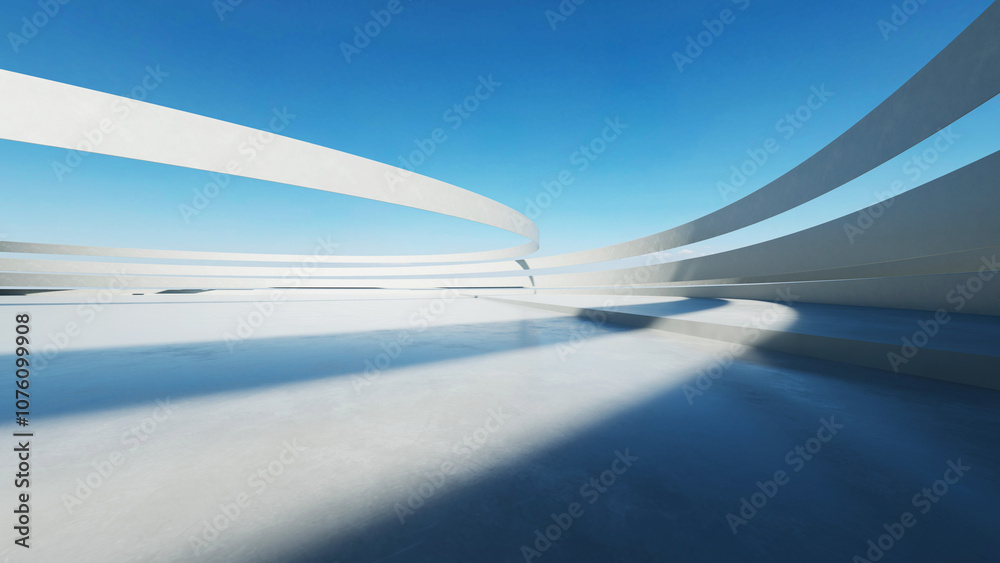 Poster 3d render of white futuristic architecture, abstract wavy structure with empty concrete floor