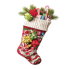 A festive red Christmas stocking filled with gifts, ready for the holiday season