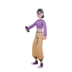  Cartoon Dance Performer in 3D Illustration.  A female dancer stands with a smartphone in her hand with a smiling expression. Performance Artist