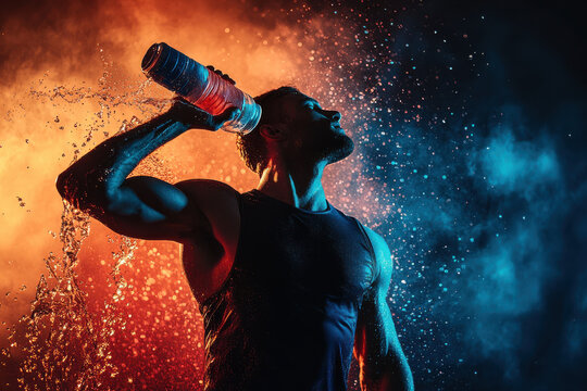 Muscular man drinks water in dynamic pose with colorful splashes of liquid around him