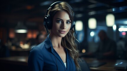 A photo of a girl with a headset offering assistant to customer