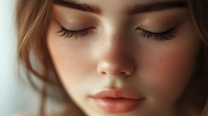 Fototapeta premium A girl with a calm expression curling her lashes, neutral backdrop adding focus, even lighting for smooth effect, hd resolution, realistic texture, photorealistic detail, sharp makeup focus,