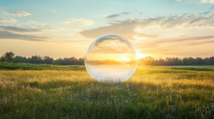 Floating Bubble in a Serene Sunrise Landscape