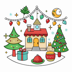 Cozy Christmas Line Art Vector on White Background