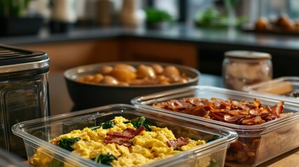 Fototapeta premium Cozy keto meal prep scrambled eggs, spinach, and bacon in kitchen with ingredients ready to prep