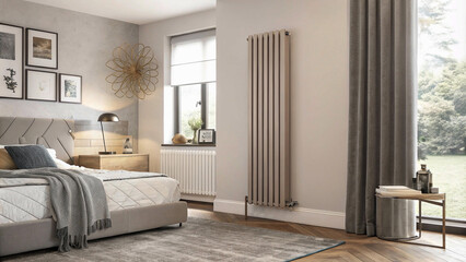 Naklejka premium Vertical Radiator in a Contemporary Bedroom: A Stylish and Efficient Heating Solution for Modern Homes