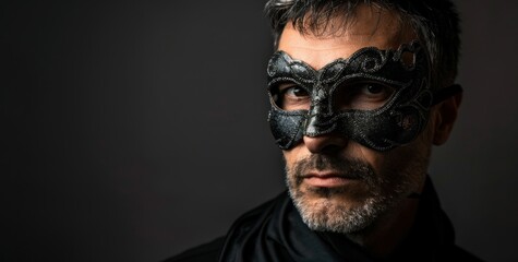 Fototapeta premium A man dons an ornate black and silver masquerade mask, gazing directly at the camera with a captivating, mysterious expression