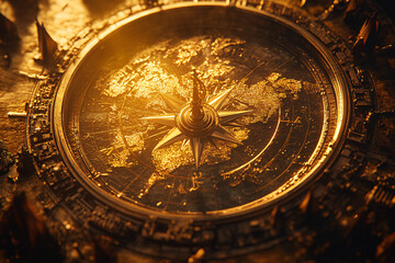 Obraz premium Antique Compass on Vintage World Map for Navigation Adventure, Old World Map and Compass: A Journey of Travel and Discovery, Vintage Compass on Antique Map for Travel and Exploration.