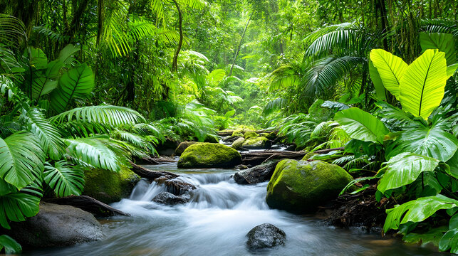 Tropical Rainforest Stream with Lush Greenery - Realistic Image