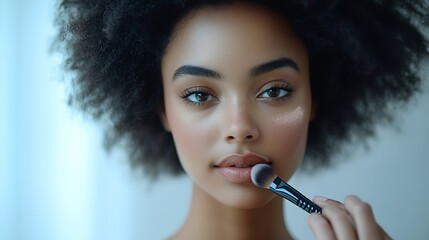 Obraz premium A young woman gently applying blush to her cheeks with a makeup brush, neutral background for simplicity, soft lighting highlighting her skin texture, hd quality, realistic detail,
