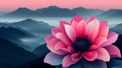 A serene landscape featuring a vibrant lotus flower against misty mountains at dawn.