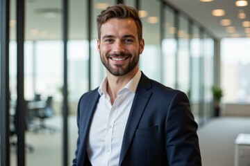 Fototapeta premium Professional Business Portrait of a Happy Young Man in Office Setting, Perfect for Corporate Websites, Marketing, and HR Recruitment Materials