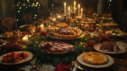 A joyful, laughter-filled holiday feast set on a long table, with platters of roast meats, pies, and vegetables, surrounded by festive decorations and candles.