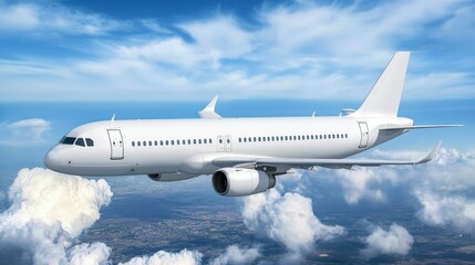 Obraz premium A white airplane is flying through the sky with clouds in the background