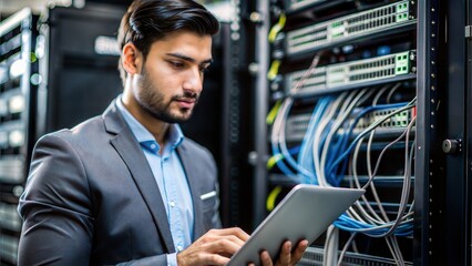 Indian IT Professional in Server Room – A focused Indian IT professional checking servers in a data center, surrounded by networking equipment.
