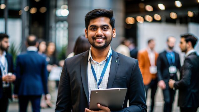 Young Indian Professional at Tech Conference – An Indian professional attending a tech conference or seminar, with a badge and notepad, symbolizing knowledge exchange in IT.
