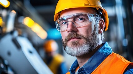A Construction Worker in a Yellow Hard Hat and Safety Glasses Focuses Intently While Working in an Industrial Setting During Daylight Hours