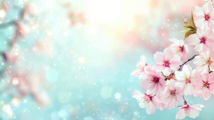 Blossoming Cherry Tree Branches Adorned With Delicate Pink Flowers Against a Soft Blue Background During Springtime, Radiating a Serene and Vibrant Atmosphere
