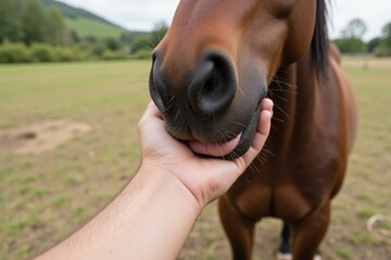 Naklejka premium Close-up of a Human Hand Gently Petting a Brown Horse's Nose in a Serene Pasture, Perfect for Animal Lovers and Horse Enthusiasts