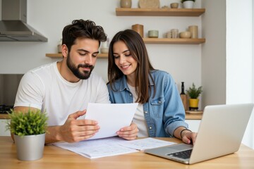 Happy Couple Reviewing Financial Documents Together at Home Office, Planning Budget with Laptop and Paperwork, Modern Kitchen Background