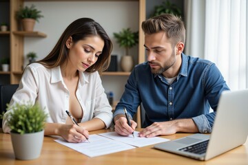 Obraz premium Focused Young Professionals Collaborating on Documents in Modern Office Setting, Ideal for Business and Productivity Concepts