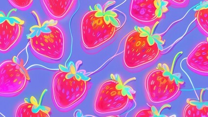 glowing pink strawberry pattern, neon glow strawberries illustration, lightning pastel strawberry on purple background wallpaper, strawberry desktop wallpaper, strawberry theme, anime wallpaper