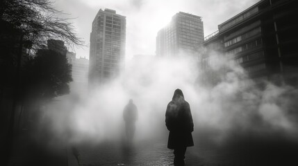 Obraz premium Mysterious Urban Silhouettes in Fog and Shadows at Dawn