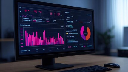 A vibrant display of data analytics shows graphs and charts on a modern monitor, illuminated in an ambient setting with a touch of greenery.