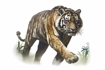 Obraz premium Majestic Tiger Walking Through Lush Greenery in an Artistic Illustration, Capturing the Beauty and Power of One of Nature's Most Iconic Big Cats