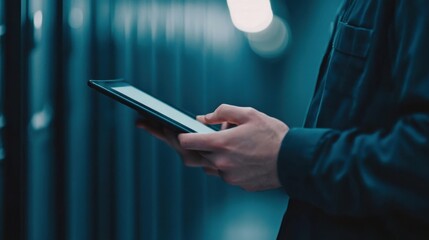 A person holding a tablet in a dimly lit environment, possibly in a data center or server room, suggests a focus on technology and information management.