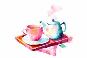Fototapeta premium Cozy Watercolor Tea Set with Teapot and Cup on Wooden Tray, Perfect for Warm Beverage Theme, Relaxation, and Home Decor Inspiration