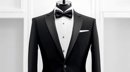 elegant tuxedo suit displayed on an invisible mannequin against a crisp white background highcontrast image showcases the garments fine tailoring and luxurious fabric See Less8k photography, 