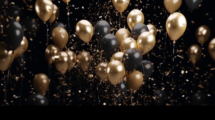 elegant gold balloons and shimmering confetti falling against a dramatic black background8k photography, 