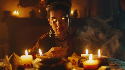 A modern witch stands in a candle-lit ritual space, her glowing eyes reflecting the magic around her while she prepares for an enchanting experience