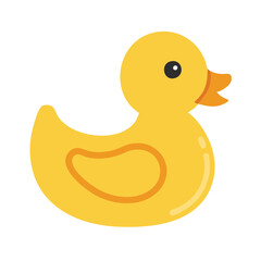Yellow rubber duck toy illustration, Vector illustration of a classic yellow rubber duck with an orange beak and wing, symbolizing a bath toy and playful childhood item.
