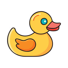 Yellow rubber duck toy illustration, Vector illustration of a classic yellow rubber duck with an orange beak and wing, symbolizing a bath toy and playful childhood item.
