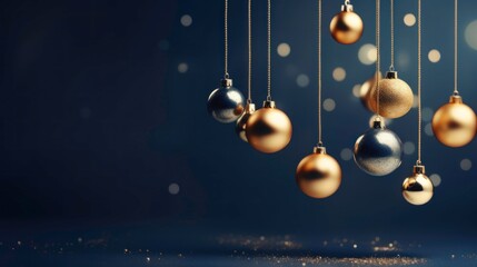 elegant christmas scene with navy blue background golden and blue glass ornaments suspended on delicate ribbons minimalist holiday composition8k photography,
