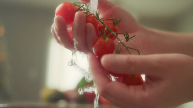Close up of red cherry tomatoes being washed under tap water. Slow motion. 