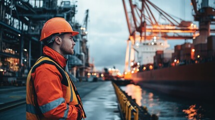 Worker Observing Operations at a Busy Shipping Dock During Twilight, With Cranes and Cargo Ships Illuminated in the Background