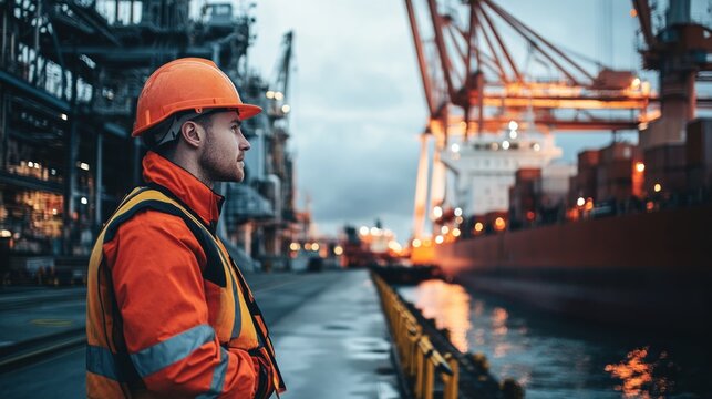 Worker Observing Operations at a Busy Shipping Dock During Twilight, With Cranes and Cargo Ships Illuminated in the Background