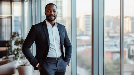 Fototapeta premium A Confident Professional Stands Beside Large Windows, Showcasing a Modern Office Space With a City View During Daylight Hours
