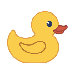 Yellow rubber duck toy illustration, Vector illustration of a classic yellow rubber duck with an orange beak and wing, symbolizing a bath toy and playful childhood item.
